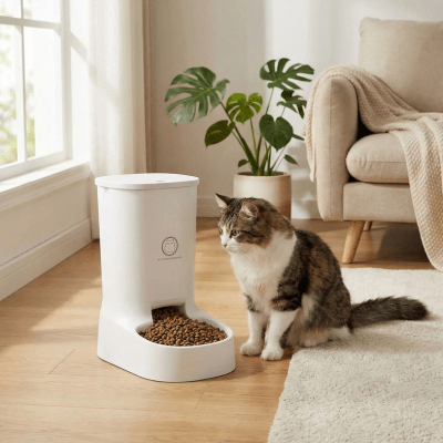 chat observant le distributeur de croquette 