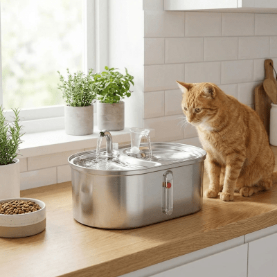 chat observant la fontaine eau pour chat