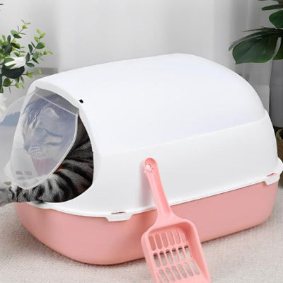 Le chat a une patte à l’extérieur du bac à litière pour chat