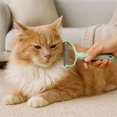 Chat avec poil long en cours de brossage avec une brosse pour Chat