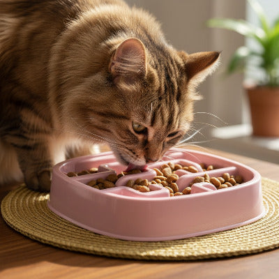 Chat poilu beige prenant son repas dans une gamelle anti glouton chat