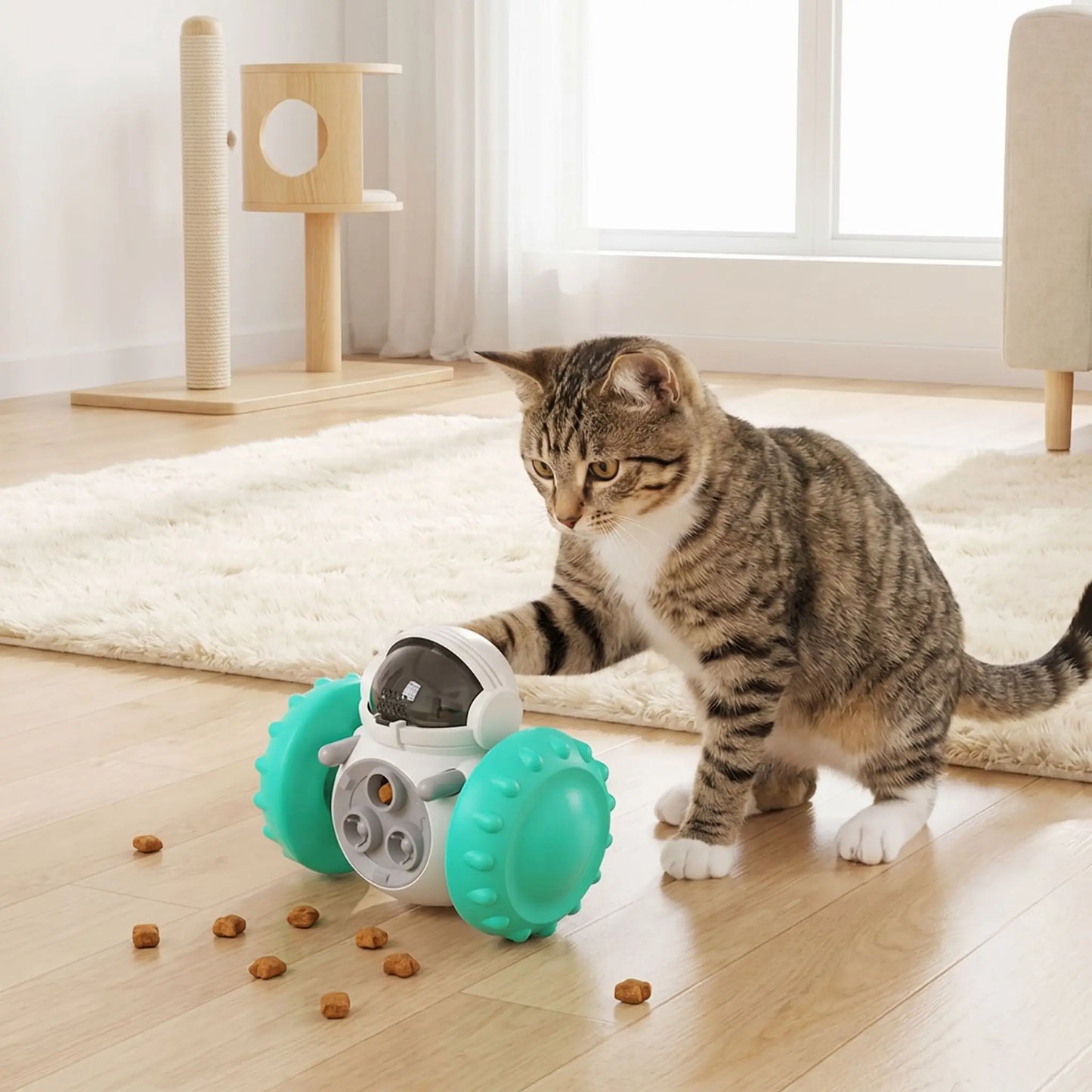 le chat pousse le Jouet distributeur de croquettes chat