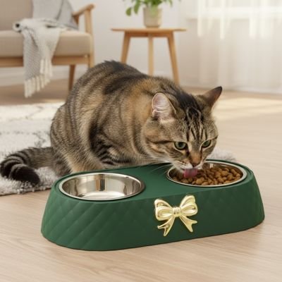 Chat prend son repas dans une élégante gamelle chat verte ornée d’une boucle dorée.