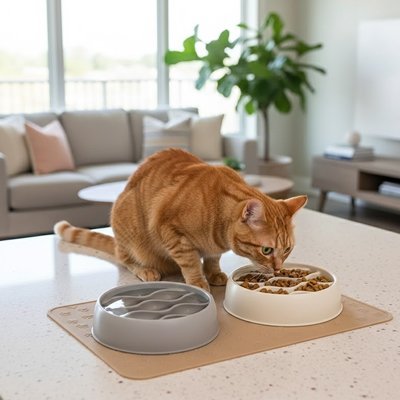 chat prend son repas dans une gamelle anti glouton chaton