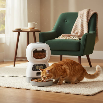 chat prend son repas dans le distributeur de croquettes pour chat