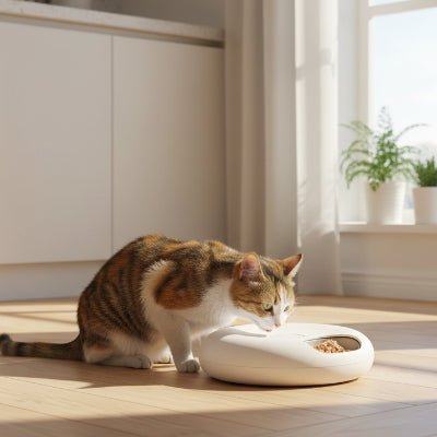 chat prés du distributeur automatique de croquettes pour chat