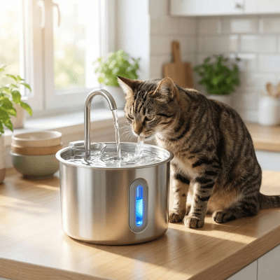 chat près de la fontaine eau pour chat