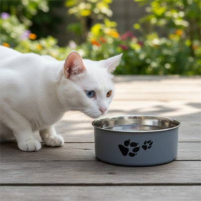 chat prés de la gamelle en inox pour chat