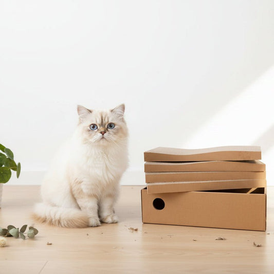 chat debout près du griffoir pour chat carton