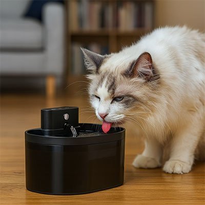 Chat qui s’abreuve à une fontaine chat