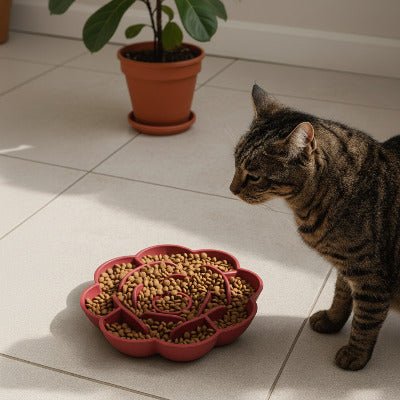 chat rayé prêt à manger son repas dans une gamelle anti glouton