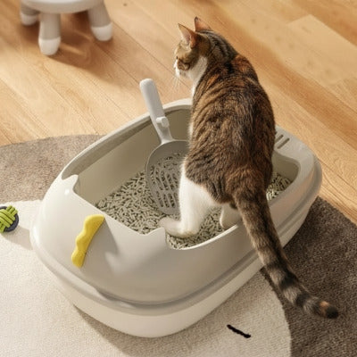 Le chat recule pour sortir du bac a litiere pour chat