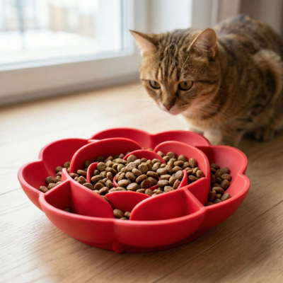 chat regardant une gamelle anti glouton