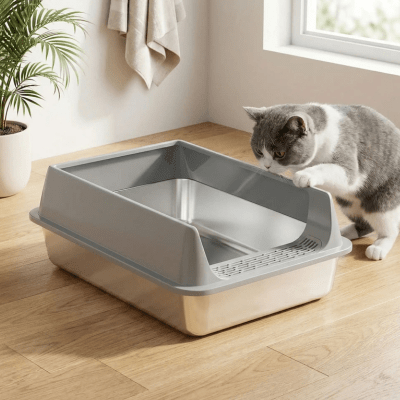 chat regarde le bac a litiere chats