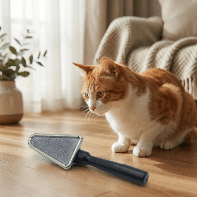 chat regarde la brosse pour chat poil long sr le sol