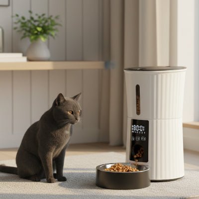 chat regarde le distributeur automatique de croquettes pour chat