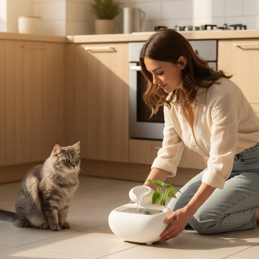 chat regarde la fontaine à eau pour chat céramique sans filtre