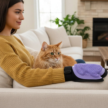 chat regarde le gant poil chat violet