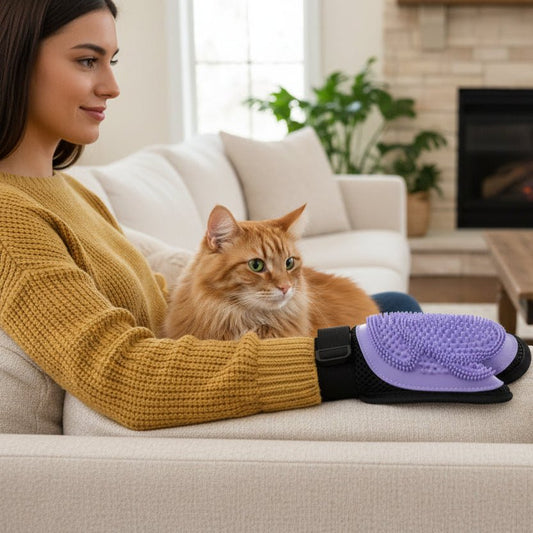 chat regarde le gant poil chat violet