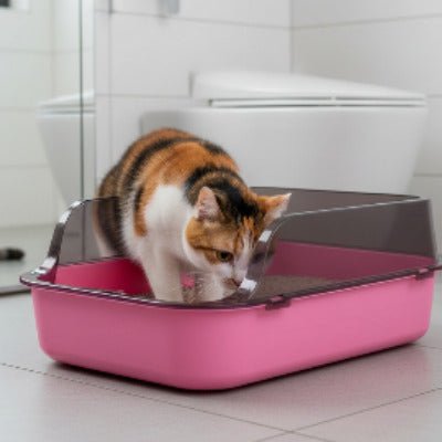 Le chat regarde à l’intérieur du bac à litière pour chat