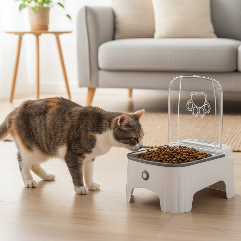 chat renifle les croquettes dans la gamelle pour chat automatique