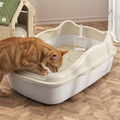 Le chat renifle l’intérieur du bac à litière chat beige