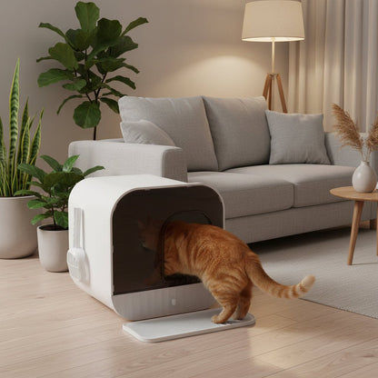 chat rentrant dans le bac a litiere a chat