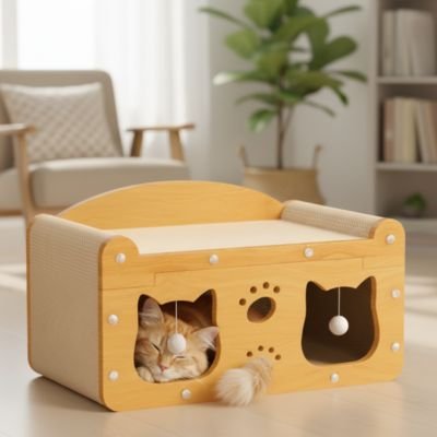 Chat reposant dans la cachette du griffoir chat carton