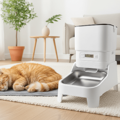 chat se repose prés du distributeur croquette chat automatique
