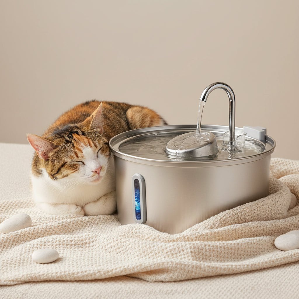 chat se repose prés de la fontaine a eau chat inox