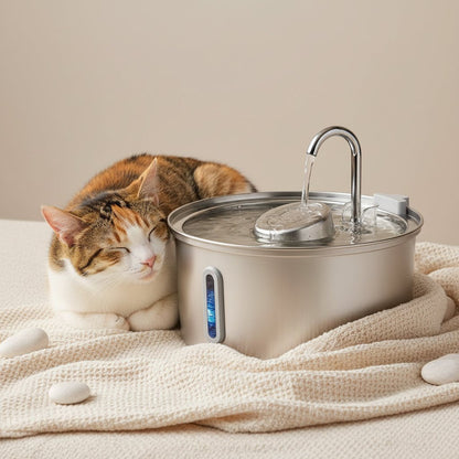 chat se repose prés de la fontaine a eau chat inox