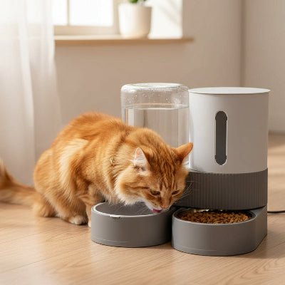 chat roux s'alimentant du distributeur de croquette