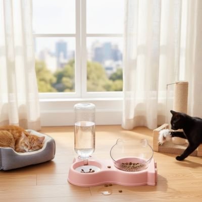 Chat roux allongé devant ume gamelle pour chat rose.