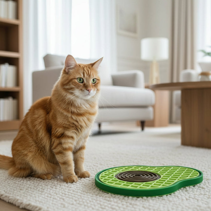 chat assis devant le tapis anti-glouton chat