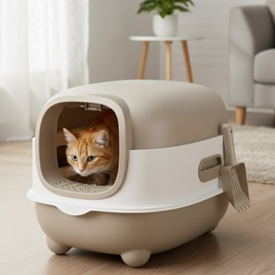 Chat roux assis à l’intérieur du Bac à litière chat 