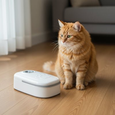 chat roux attend repas a cote de distributeur croquette chat simple gris