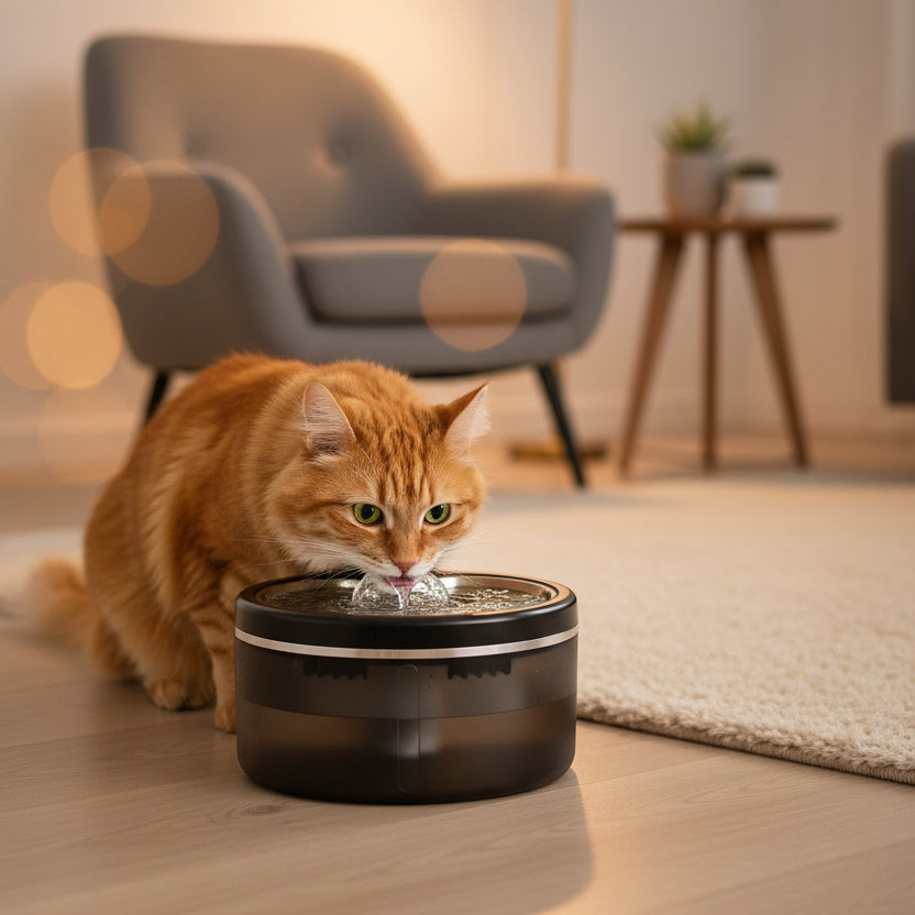 chat roux buvant dans la fontaine à eau chat détecteur inox 