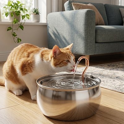 chat roux buvant dans Fontaine a eau chat inox dans salon