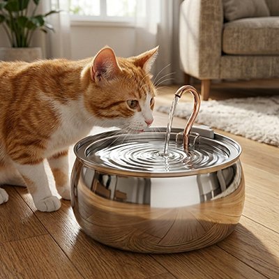 chat roux buvant dans Fontaine a eau chat inox 