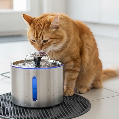 chat roux buvant eau dans fontaine a eau chat inox