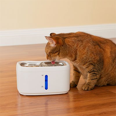 chat roux buvant eau dans la fontaine à eau chat