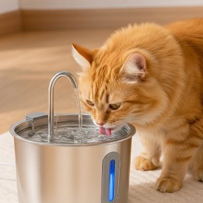 chat roux buvant l'eau dans la fontaine eau pour chat