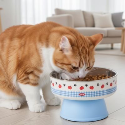 chat roux cou blanc mangeant des croquettes dans une gamelle chat surélevée bleu