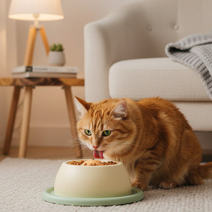 chat roux dégustant le pâté dans la gamelle anti-glouton chat