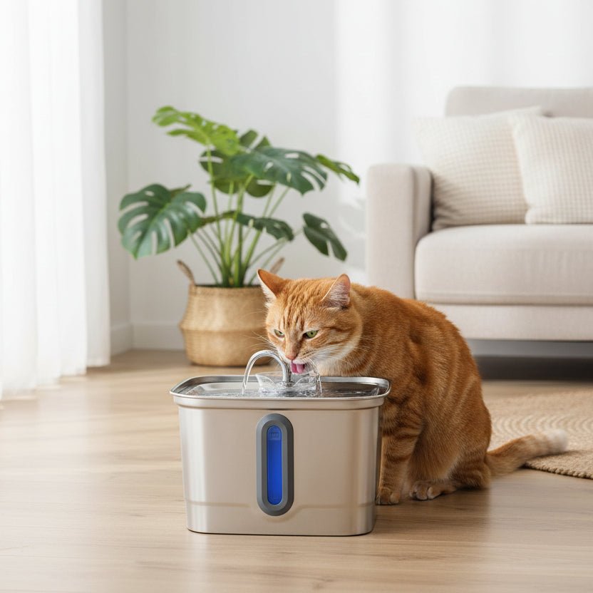 chat roux s'hydrate avec la fontaine a eau inox chat