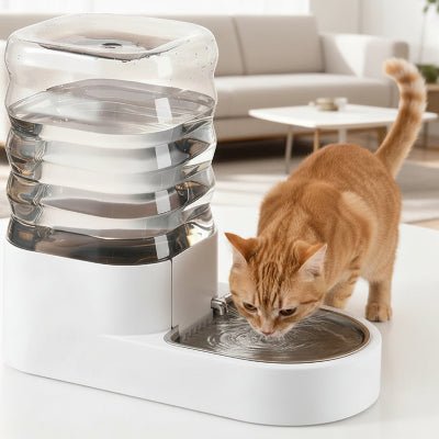chat roux s'hydrate avec une fontaine eau pour chat dans un coin dans le salon