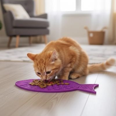 chat léchant le tapis de lechage chat mauve