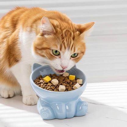 chat roux mangeant dans la gamelle ceramique pour chat bleu