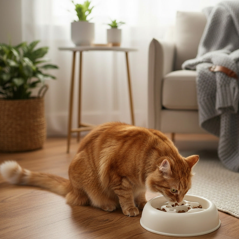 chat mangeant dans la gamelle chat anti glouton beige