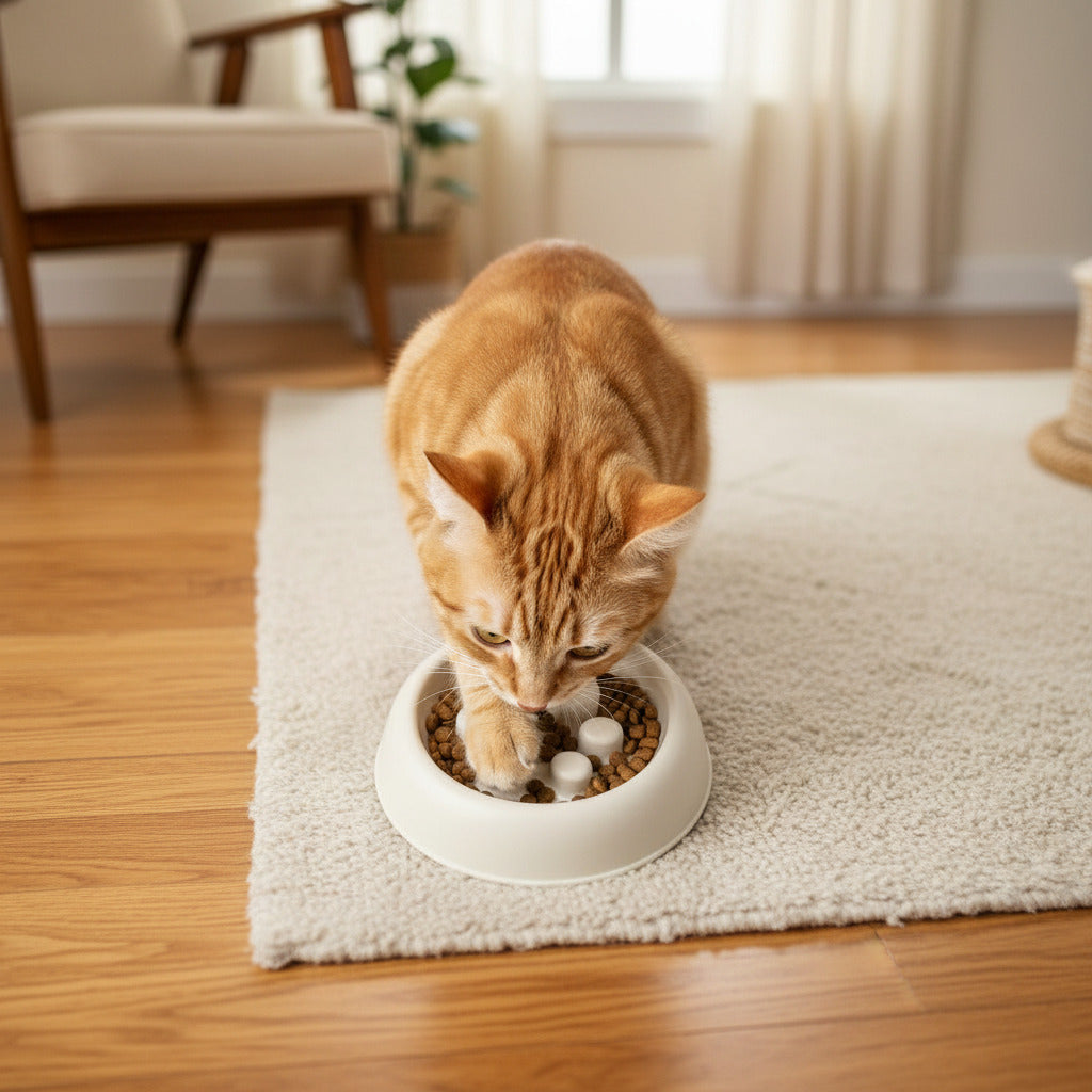 chat roux mangeant dans la gamelle chat anti glouton